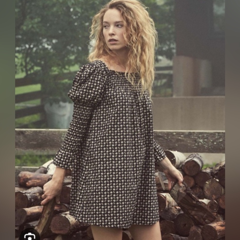Doen Black Mini Smocked Puff-Sleeve Dress